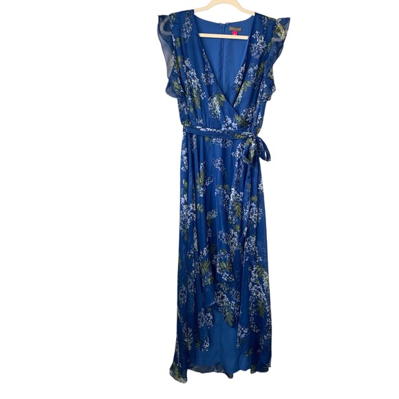 Vince Camuto‎ blue floral faux wrap hi-low hemline w flutter sleeve. Size 6 - Picture 1 of 9